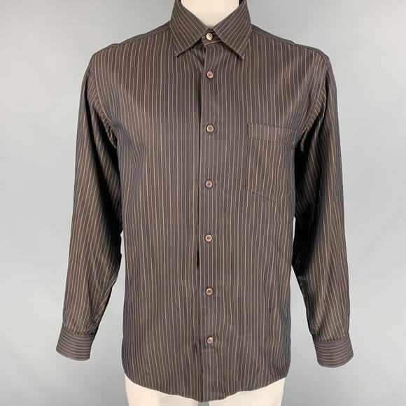 ERMENEGILDO ZEGNA Size L Brown Stripe Cotton Button Down Long Sleeve Shirt - Picture 1 of 5